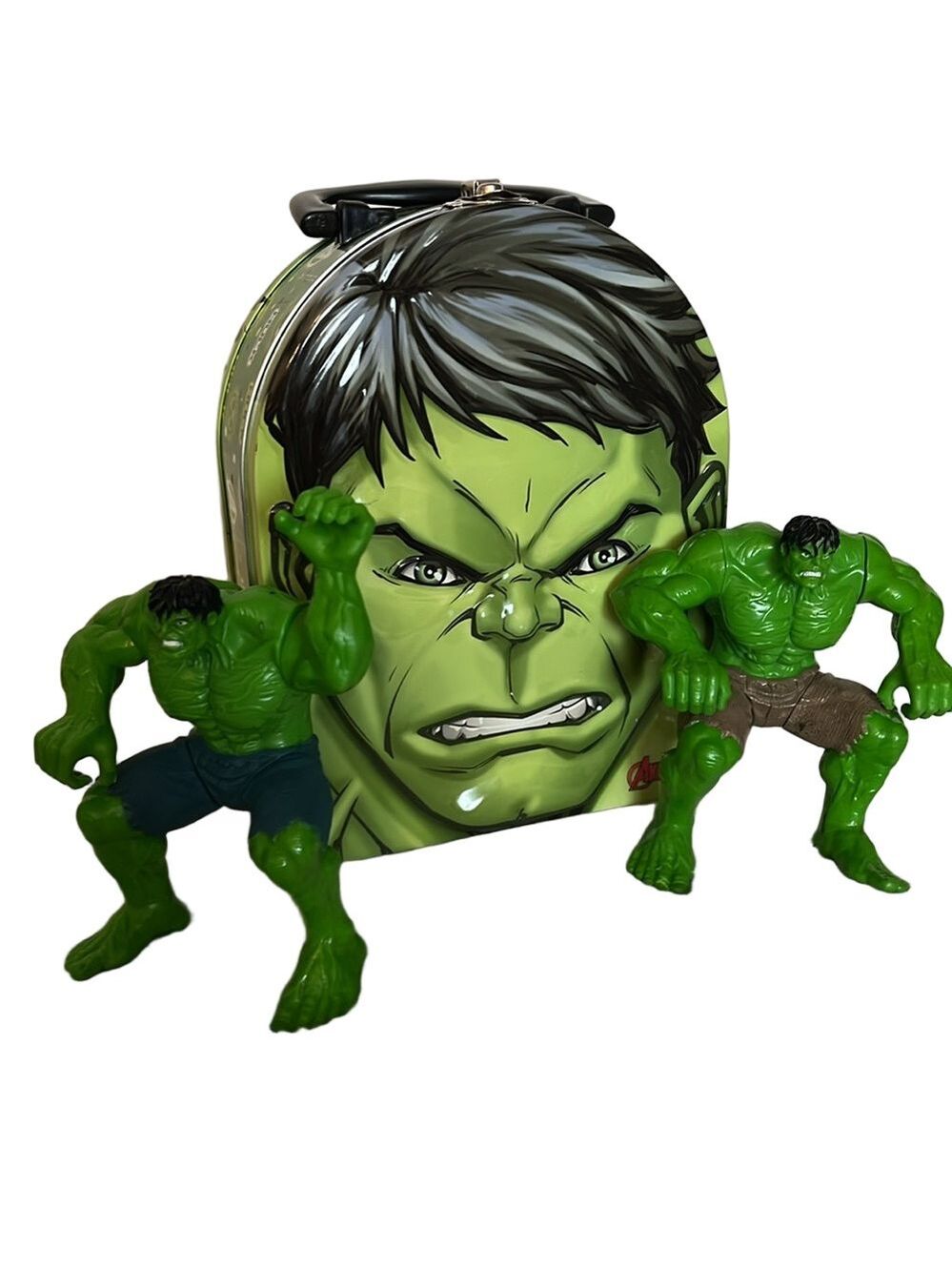 Tin box lunch tin and Two 4.5” Hulk figures with movable legs and arms